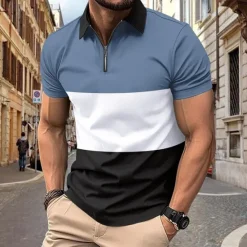 OUKU Men's Quarter Zip Polo Golf Shirt Daily Holiday Lapel Short Sleeve Fashion Basic Color Block Patchwork Spring & Summer Regular Fit Black White Red Blue Black White Quarter Zip Polo Gray