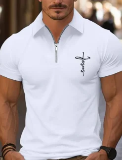 Best OUKU Men's Quarter Zip Polo Golf Shirt Daily Holiday Lapel Short Sleeve Fashion Basic Cross Print Summer Spring Regular Fit Black White Pink Navy Blue Light Sky Blue Quarter Zip Polo