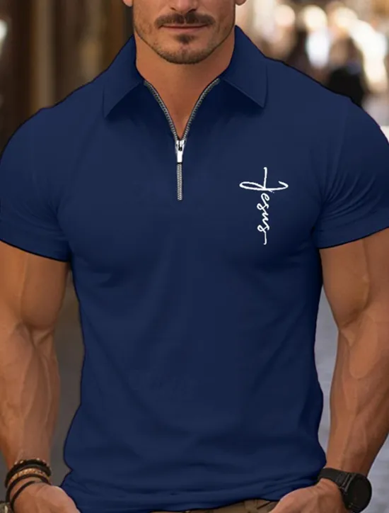 Best OUKU Men's Quarter Zip Polo Golf Shirt Daily Holiday Lapel Short Sleeve Fashion Basic Cross Print Summer Spring Regular Fit Black White Pink Navy Blue Light Sky Blue Quarter Zip Polo