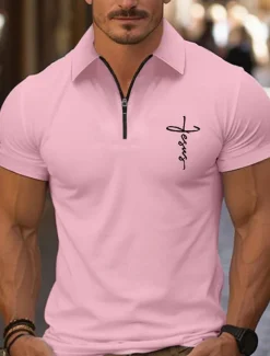Best OUKU Men's Quarter Zip Polo Golf Shirt Daily Holiday Lapel Short Sleeve Fashion Basic Cross Print Summer Spring Regular Fit Black White Pink Navy Blue Light Sky Blue Quarter Zip Polo