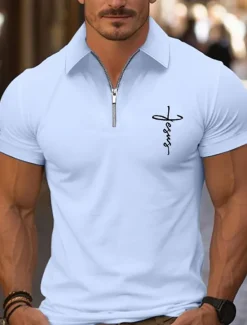 Best OUKU Men's Quarter Zip Polo Golf Shirt Daily Holiday Lapel Short Sleeve Fashion Basic Cross Print Summer Spring Regular Fit Black White Pink Navy Blue Light Sky Blue Quarter Zip Polo