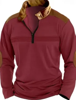 Discount OUKU Men's Quarter Zip Polo Golf Shirt Daily Holiday Quarter Zip Long Sleeve Fashion Modern Color Block Patchwork Spring Fall Regular Fit Black White Pink Red Sky Blue Brown Quarter Zip Polo