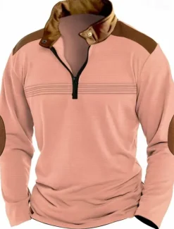 Discount OUKU Men's Quarter Zip Polo Golf Shirt Daily Holiday Quarter Zip Long Sleeve Fashion Modern Color Block Patchwork Spring Fall Regular Fit Black White Pink Red Sky Blue Brown Quarter Zip Polo