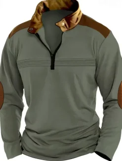 Discount OUKU Men's Quarter Zip Polo Golf Shirt Daily Holiday Quarter Zip Long Sleeve Fashion Modern Color Block Patchwork Spring Fall Regular Fit Black White Pink Red Sky Blue Brown Quarter Zip Polo