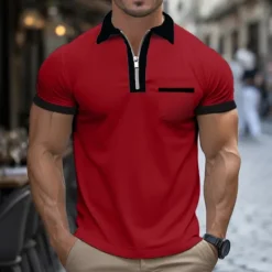 Discount OUKU Men's Quarter Zip Polo Golf Shirt Daily Holiday Turndown Short Sleeve Fashion Basic Patchwork Pocket Spring & Summer Regular Fit Light Blue White Red Green Quarter Zip Polo