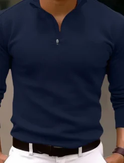 Clearance OUKU Men's Quarter Zip Polo Golf Polos Shirts Outdoor Causal Quarter Zip Long Sleeve Fashion Modern Solid Color Knitted Spring & Fall Standard Fit Black White Navy Blue Dark Green Brown Quarter Zip Polo