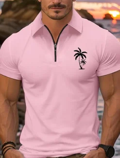 New OUKU Men's Quarter Zip Polo Golf Shirt Daily Holiday Lapel Short Sleeve Fashion Basic Coconut Tree Print Summer Spring Regular Fit Black White Pink Navy Blue Light Sky Blue Quarter Zip Polo
