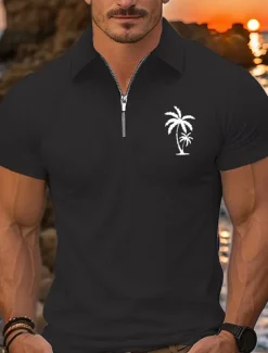 New OUKU Men's Quarter Zip Polo Golf Shirt Daily Holiday Lapel Short Sleeve Fashion Basic Coconut Tree Print Summer Spring Regular Fit Black White Pink Navy Blue Light Sky Blue Quarter Zip Polo