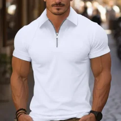 Online OUKU Men's Quarter Zip Polo Golf Shirt Daily Holiday Turndown Short Sleeve Fashion Basic Plain Spring & Summer Regular Fit Light Blue Black White Pink Wine Navy Blue Quarter Zip Polo
