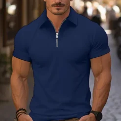 Online OUKU Men's Quarter Zip Polo Golf Shirt Daily Holiday Turndown Short Sleeve Fashion Basic Plain Spring & Summer Regular Fit Light Blue Black White Pink Wine Navy Blue Quarter Zip Polo