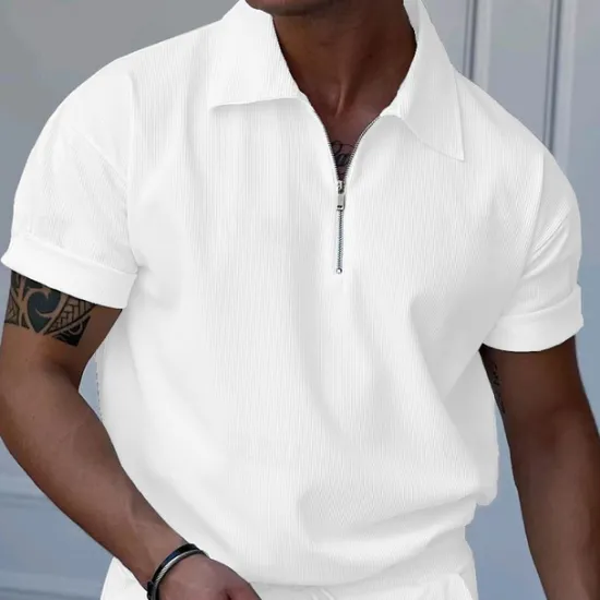 Online OUKU Men's Quarter Zip Polo Golf Shirt Daily Holiday Turndown Short Sleeve Fashion Basic Plain Spring & Summer Regular Fit Black White Blue Khaki Light Grey Quarter Zip Polo