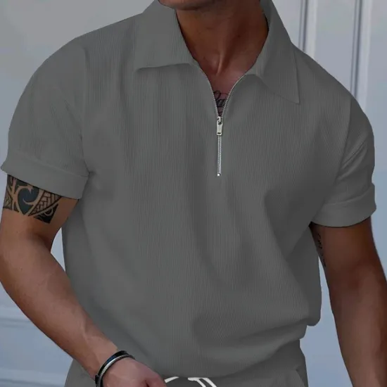 Online OUKU Men's Quarter Zip Polo Golf Shirt Daily Holiday Turndown Short Sleeve Fashion Basic Plain Spring & Summer Regular Fit Black White Blue Khaki Light Grey Quarter Zip Polo