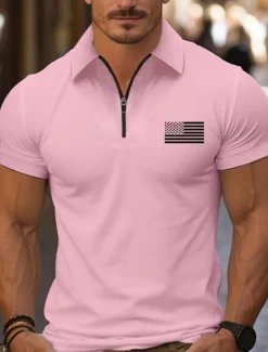 Online OUKU Men's Quarter Zip Polo Golf Shirt Daily Holiday Lapel Short Sleeve Fashion Basic National Flag Print Summer Spring Regular Fit Black White Pink Navy Blue Light Sky Blue Quarter Zip Polo