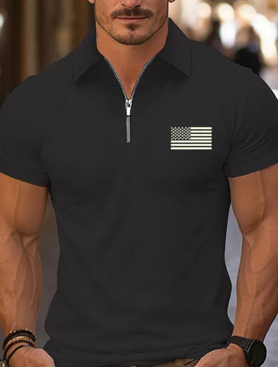 Online OUKU Men's Quarter Zip Polo Golf Shirt Daily Holiday Lapel Short Sleeve Fashion Basic National Flag Print Summer Spring Regular Fit Black White Pink Navy Blue Light Sky Blue Quarter Zip Polo