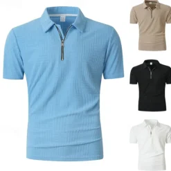 OUKU Men's Quarter Zip Polo Golf Shirt Daily Holiday Quarter Zip Short Sleeve Fashion Basic Plain Summer Regular Fit Black White Khaki Pale Blue Quarter Zip Polo