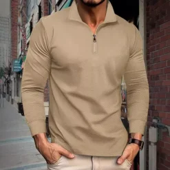 Best OUKU Men's Quarter Zip Polo Golf Shirt Daily Holiday Quarter Zip Long Sleeve Fashion Modern Plain Spring & Fall Regular Fit Black White Khaki Light Grey Dark Gray Quarter Zip Polo