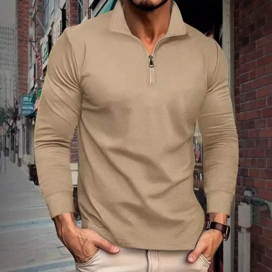 Best OUKU Men's Quarter Zip Polo Golf Shirt Daily Holiday Quarter Zip Long Sleeve Fashion Modern Plain Spring & Fall Regular Fit Black White Khaki Light Grey Dark Gray Quarter Zip Polo