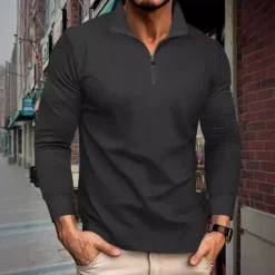 Best OUKU Men's Quarter Zip Polo Golf Shirt Daily Holiday Quarter Zip Long Sleeve Fashion Modern Plain Spring & Fall Regular Fit Black White Khaki Light Grey Dark Gray Quarter Zip Polo