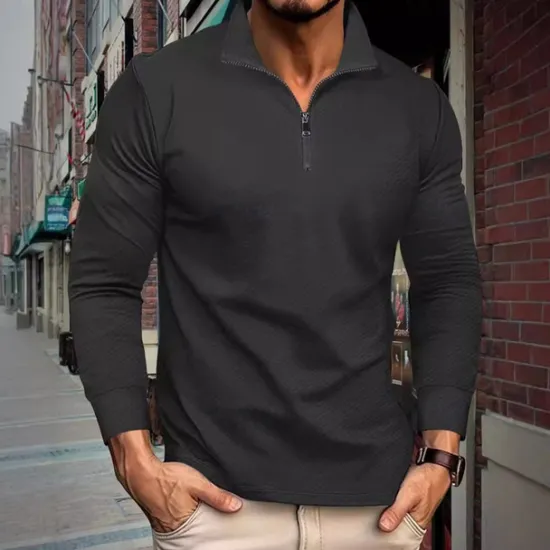 Best OUKU Men's Quarter Zip Polo Golf Shirt Daily Holiday Quarter Zip Long Sleeve Fashion Modern Plain Spring & Fall Regular Fit Black White Khaki Light Grey Dark Gray Quarter Zip Polo