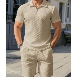 Online OUKU Men's Quarter Zip Polo Golf Shirt Daily Holiday Lapel Short Sleeve Fashion Basic Plain 2 Piece Jacquard Summer Regular Fit Black White Sky Blue Khaki Light Grey Quarter Zip Polo