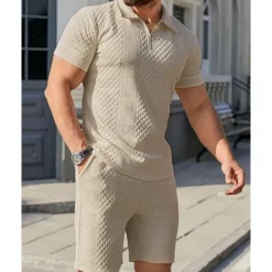 Online OUKU Men's Quarter Zip Polo Golf Shirt Daily Holiday Lapel Short Sleeve Fashion Basic Plain 2 Piece Jacquard Summer Regular Fit Black White Sky Blue Khaki Light Grey Quarter Zip Polo