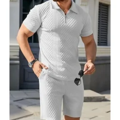 Online OUKU Men's Quarter Zip Polo Golf Shirt Daily Holiday Lapel Short Sleeve Fashion Basic Plain 2 Piece Jacquard Summer Regular Fit Black White Sky Blue Khaki Light Grey Quarter Zip Polo