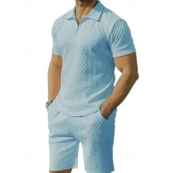 Online OUKU Men's Quarter Zip Polo Golf Shirt Daily Holiday Lapel Short Sleeve Fashion Basic Plain 2 Piece Jacquard Summer Regular Fit Black White Sky Blue Khaki Light Grey Quarter Zip Polo