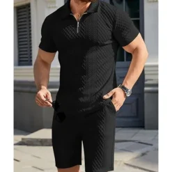 Online OUKU Men's Quarter Zip Polo Golf Shirt Daily Holiday Lapel Short Sleeve Fashion Basic Plain 2 Piece Jacquard Summer Regular Fit Black White Sky Blue Khaki Light Grey Quarter Zip Polo