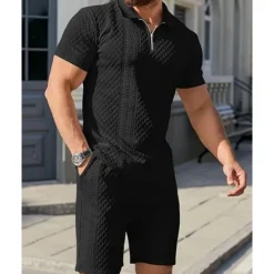 Online OUKU Men's Quarter Zip Polo Golf Shirt Daily Holiday Lapel Short Sleeve Fashion Basic Plain 2 Piece Jacquard Summer Regular Fit Black White Sky Blue Khaki Light Grey Quarter Zip Polo