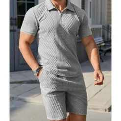 Online OUKU Men's Quarter Zip Polo Golf Shirt Daily Holiday Lapel Short Sleeve Fashion Basic Plain 2 Piece Jacquard Summer Regular Fit Black White Sky Blue Khaki Light Grey Quarter Zip Polo