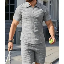 Online OUKU Men's Quarter Zip Polo Golf Shirt Daily Holiday Lapel Short Sleeve Fashion Basic Plain 2 Piece Jacquard Summer Regular Fit Black White Sky Blue Khaki Light Grey Quarter Zip Polo