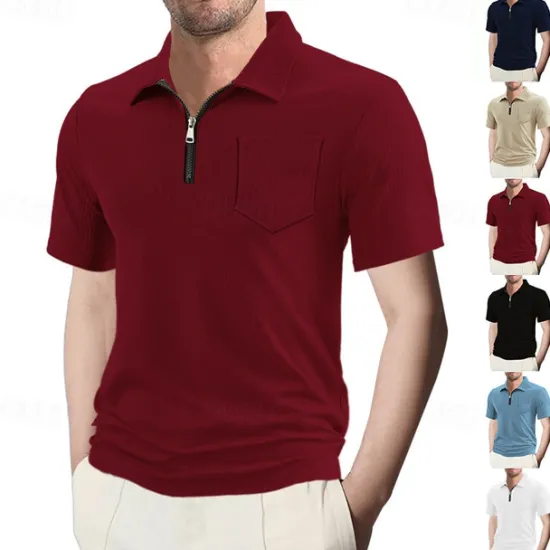 Outlet OUKU Men's Quarter Zip Polo Golf Shirt Daily Holiday Quarter Zip Short Sleeve Fashion Basic Plain Summer Regular Fit Black White Wine Navy Blue Khaki Quarter Zip Polo