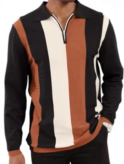 Online OUKU Men's Quarter Zip Polo Golf Shirt Daily Holiday Quarter Zip Long Sleeve Fashion Modern Color Block Spring & Fall Regular Fit White Sky Blue Orange Brown Khaki Gray Quarter Zip Polo