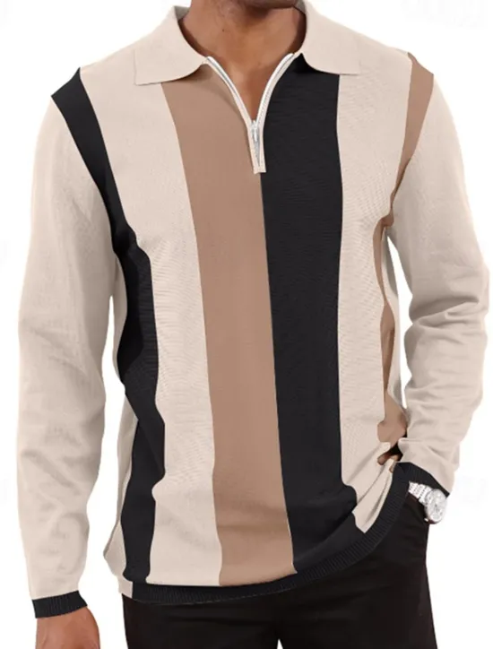Online OUKU Men's Quarter Zip Polo Golf Shirt Daily Holiday Quarter Zip Long Sleeve Fashion Modern Color Block Spring & Fall Regular Fit White Sky Blue Orange Brown Khaki Gray Quarter Zip Polo