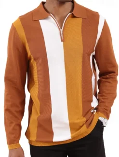 Online OUKU Men's Quarter Zip Polo Golf Shirt Daily Holiday Quarter Zip Long Sleeve Fashion Modern Color Block Spring & Fall Regular Fit White Sky Blue Orange Brown Khaki Gray Quarter Zip Polo