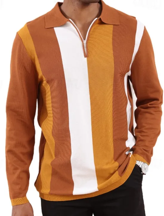 Online OUKU Men's Quarter Zip Polo Golf Shirt Daily Holiday Quarter Zip Long Sleeve Fashion Modern Color Block Spring & Fall Regular Fit White Sky Blue Orange Brown Khaki Gray Quarter Zip Polo