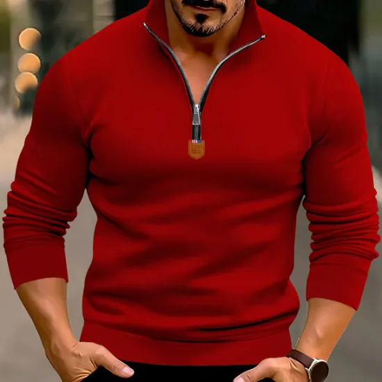 New OUKU Men's Quarter Zip Polo Golf Shirt Daily Holiday Quarter Zip Long Sleeve Fashion Modern Plain Spring & Fall Regular Fit Black White Wine Red Camel Light Grey Quarter Zip Polo