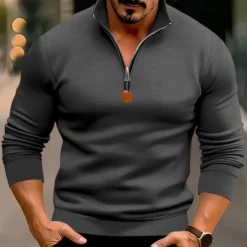 New OUKU Men's Quarter Zip Polo Golf Shirt Daily Holiday Quarter Zip Long Sleeve Fashion Modern Plain Spring & Fall Regular Fit Black White Wine Red Camel Light Grey Quarter Zip Polo