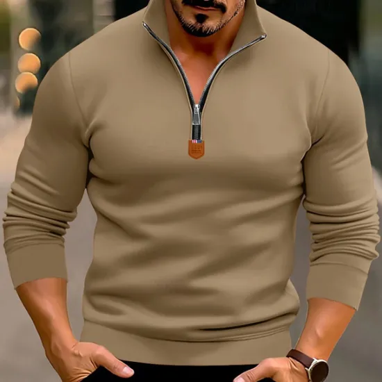 New OUKU Men's Quarter Zip Polo Golf Shirt Daily Holiday Quarter Zip Long Sleeve Fashion Modern Plain Spring & Fall Regular Fit Black White Wine Red Camel Light Grey Quarter Zip Polo