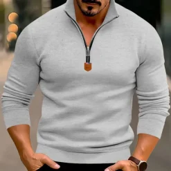 New OUKU Men's Quarter Zip Polo Golf Shirt Daily Holiday Quarter Zip Long Sleeve Fashion Modern Plain Spring & Fall Regular Fit Black White Wine Red Camel Light Grey Quarter Zip Polo