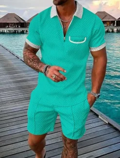 OUKU Men's Quarter Zip Polo Golf Shirt Daily Holiday Lapel Short Sleeve Fashion Basic Plain Pocket 2 Piece Summer Regular Fit Black Pink Red Navy Blue Green Army Green Quarter Zip Polo