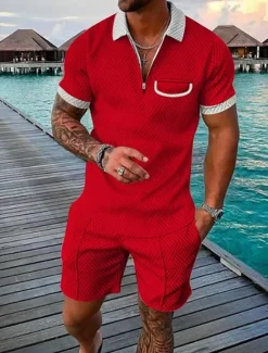 OUKU Men's Quarter Zip Polo Golf Shirt Daily Holiday Lapel Short Sleeve Fashion Basic Plain Pocket 2 Piece Summer Regular Fit Black Pink Red Navy Blue Green Army Green Quarter Zip Polo