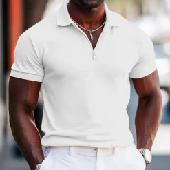 Best OUKU Men's Quarter Zip Polo Street Casual Half Zip Short Sleeve Fashion Solid Color Zipper Summer White Pink Navy Blue Green Quarter Zip Polo
