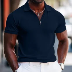 Best OUKU Men's Quarter Zip Polo Street Casual Half Zip Short Sleeve Fashion Solid Color Zipper Summer White Pink Navy Blue Green Quarter Zip Polo
