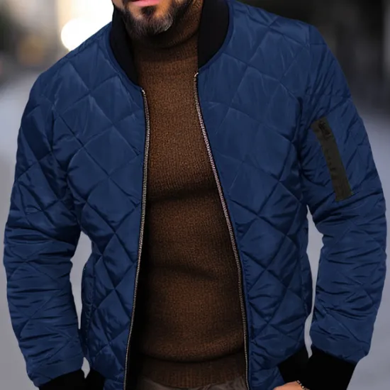Clearance OUKU Men's Quilted Jacket Transition Jacket Going out Pocket Spring & Fall Plain Streetwear Standing Collar Regular Black Wine Blue Red Army Green Jacket