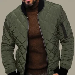 Clearance OUKU Men's Quilted Jacket Transition Jacket Going out Pocket Spring & Fall Plain Streetwear Standing Collar Regular Black Wine Blue Red Army Green Jacket