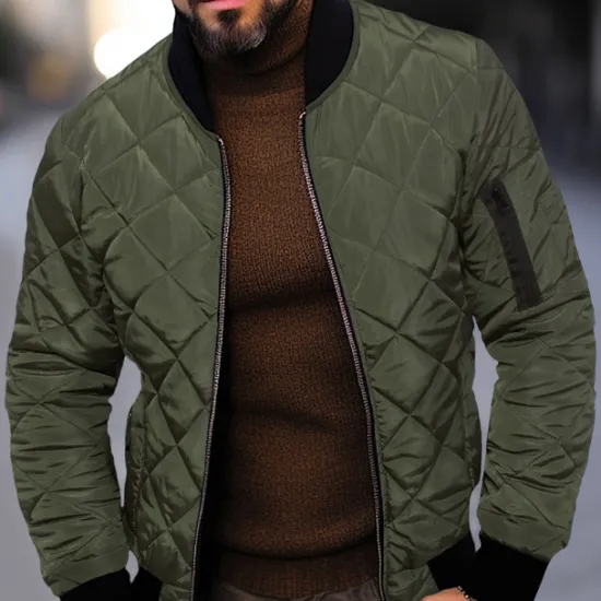 Clearance OUKU Men's Quilted Jacket Transition Jacket Going out Pocket Spring & Fall Plain Streetwear Standing Collar Regular Black Wine Blue Red Army Green Jacket