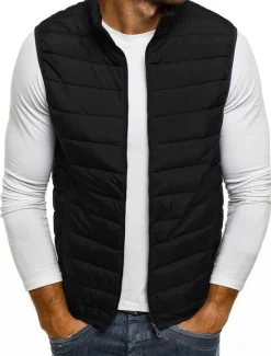 Outlet OUKU Men's Quilted Vest Cardigan Going out Casual All Seasons Pocket Polyester Plain Zipper Stand Collar Regular Fit Black Red Navy Blue Gray Vest
