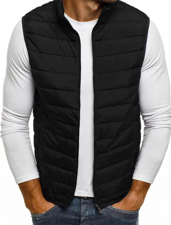 Outlet OUKU Men's Quilted Vest Cardigan Going out Casual All Seasons Pocket Polyester Plain Zipper Stand Collar Regular Fit Black Red Navy Blue Gray Vest