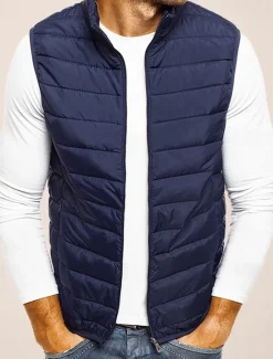 Outlet OUKU Men's Quilted Vest Cardigan Going out Casual All Seasons Pocket Polyester Plain Zipper Stand Collar Regular Fit Black Red Navy Blue Gray Vest